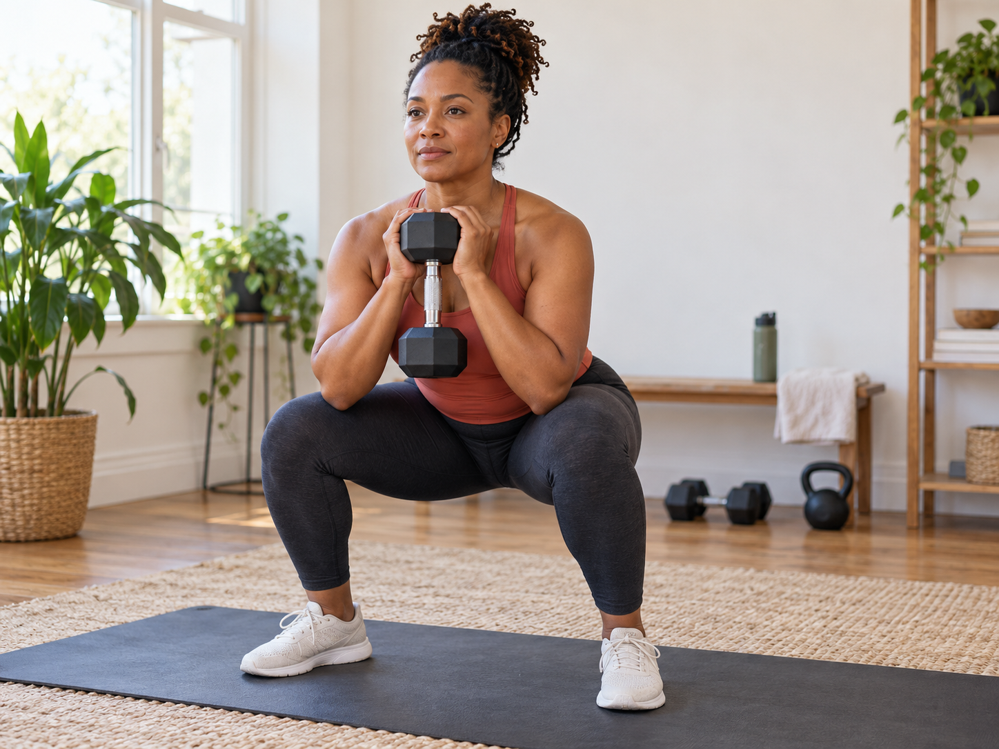 A woman holding a dumbbell in a home workout