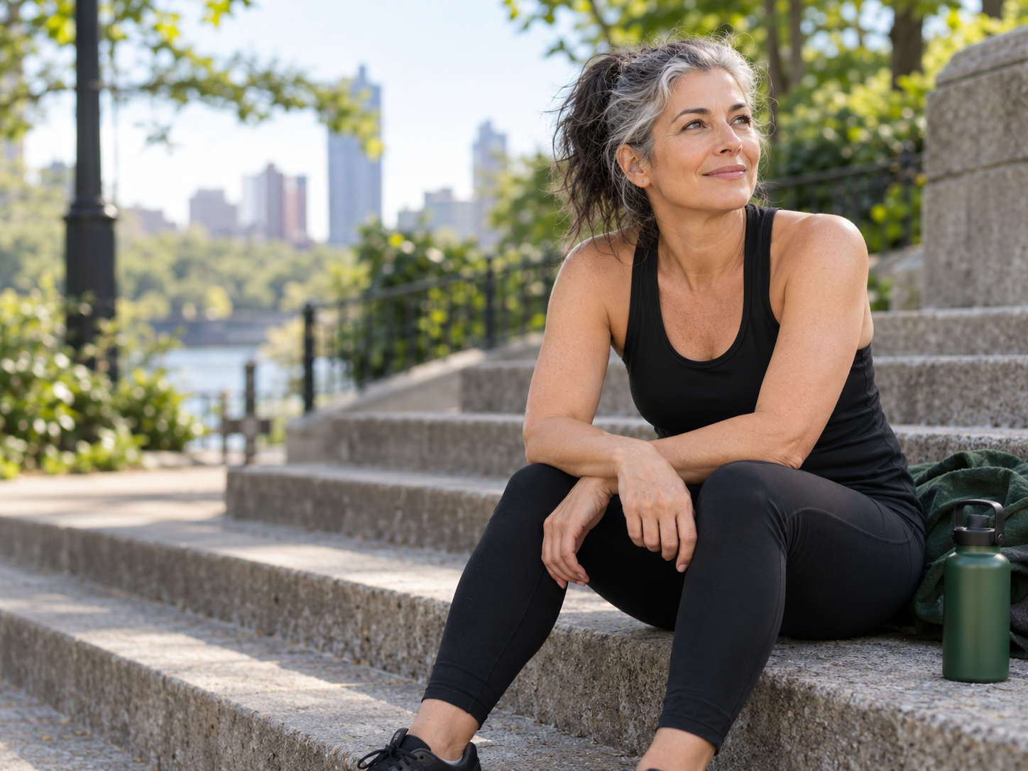 A woman resting on outdoor steps after a walk